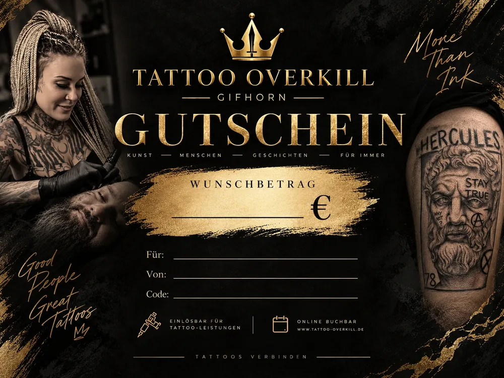 Gutschein von Tattoo Overkill mit Feldern für Betrag, Empfänger und Code