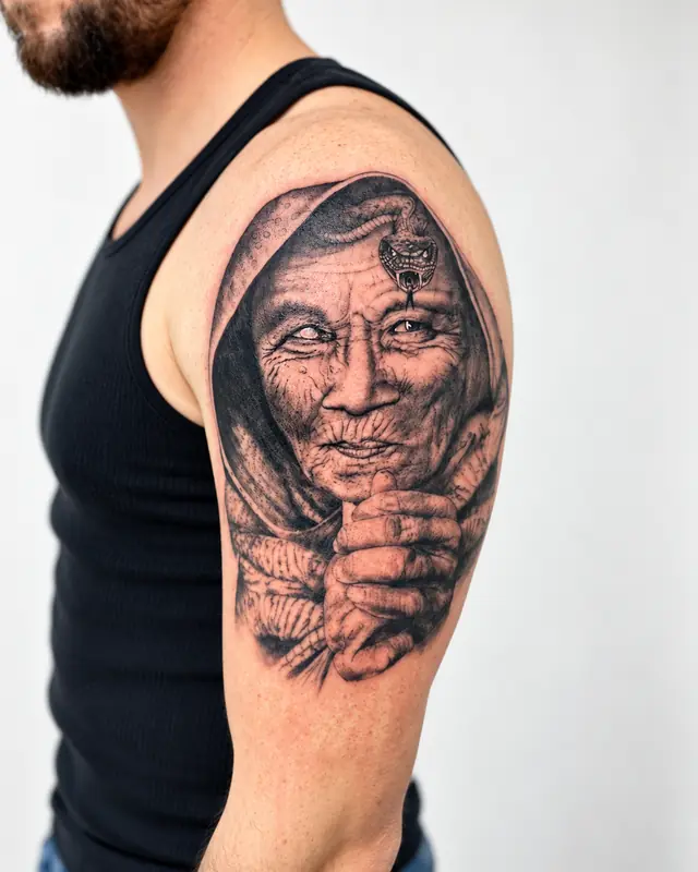 Portrait, Oberarm. Tätowiert bei Tattoo Overkill in Gifhorn