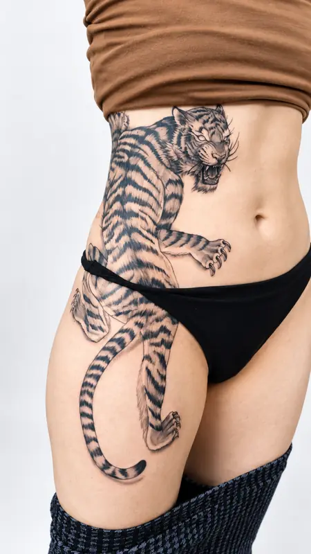 Tiger, Hüfte & Oberschenkel. Tätowiert bei Tattoo Overkill in Gifhorn