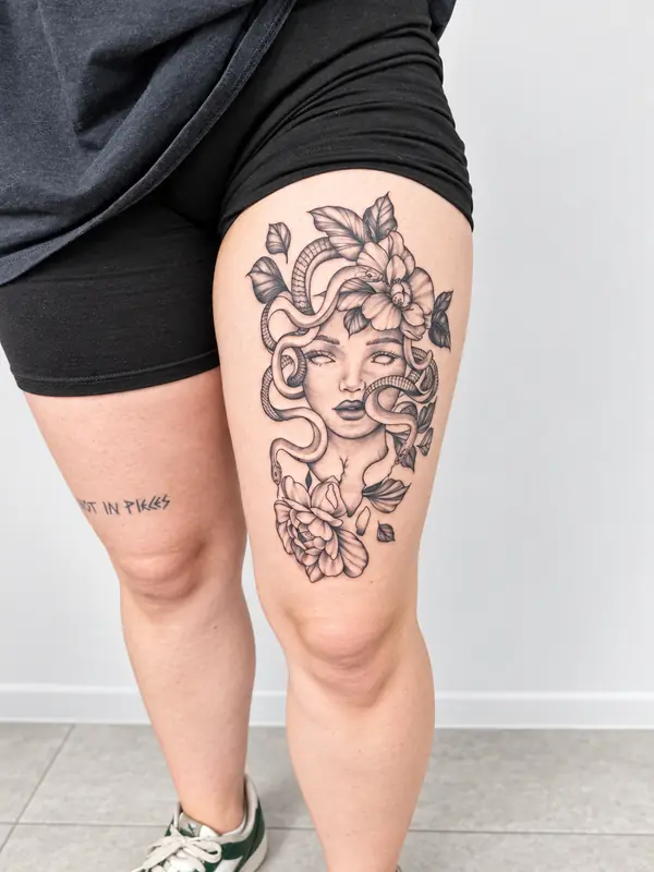 Medusa, Oberschenkel. Tätowiert bei Tattoo Overkill in Gifhorn