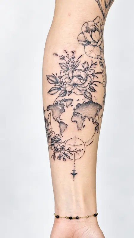 Weltkarte & Blüten, Unterarm. Tätowiert bei Tattoo Overkill in Gifhorn
