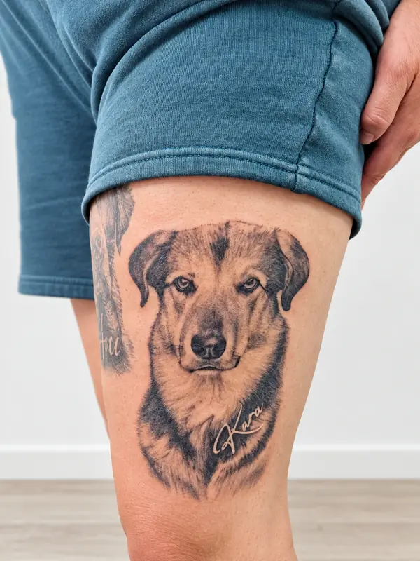 Hundeportrait, Oberschenkel. Tätowiert bei Tattoo Overkill in Gifhorn