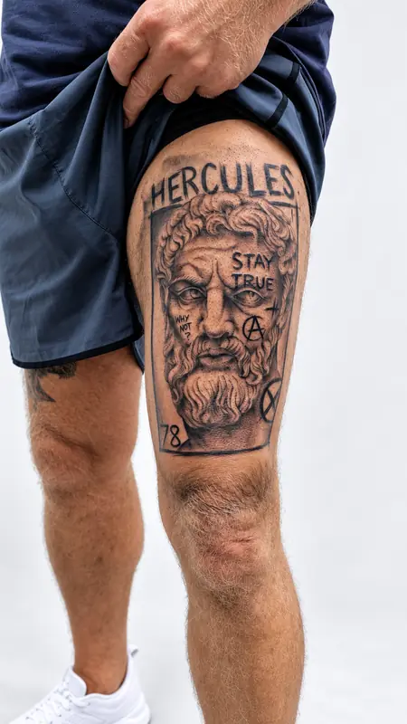 Antikes Motiv, Oberschenkel. Tätowiert bei Tattoo Overkill in Gifhorn