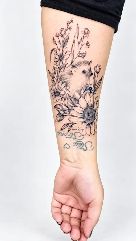 Sonnenblume & Igel, Unterarm. Tätowiert bei Tattoo Overkill in Gifhorn