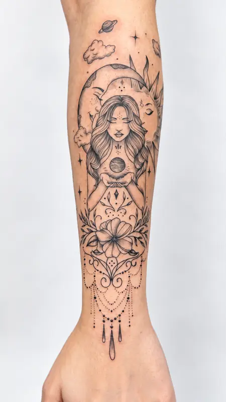 Frau, Mond und Mandala-Ornament, Unterarm. Tätowiert bei Tattoo Overkill in Gifhorn
